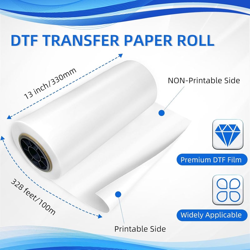 Jecqbor DTF Transfer Film Paper Roll 13 Inch x 328 FT, Glossy Double Sided Heat Transfer Paper, Thick Clear Pretreat PET Sheets for All DTF Printer Direct Print On T-Shirts Textile - Image 5